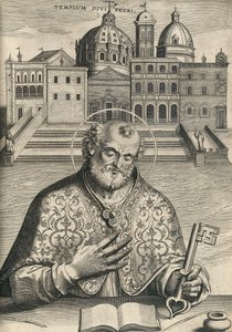 Saint Pierre devant la basilique Saint-Pierre de Septem Urbis Ecclesiae Primariae, pub. 1599 - Italian School
