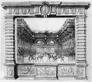 Décor de scène par Giacomo Torelli (1608-78) pour la Finta Pazza joué en 1645 au Théâtre Petit Bourbon à Paris, 1654 - Italian School