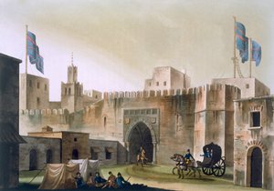 La porte Beb Kar à Tunis, avec des Européens dans une calèche, vers 1820-1830 - Italian School