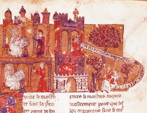 Le philosophe grec Aristote (383-322 av. J.-C.) enseigne à ses élèves la morale et le mépris des femmes (misogynie) Miniature d