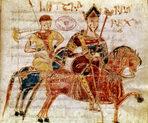 Le roi des Francs et ensuite Lothaire Ier (9e siècle) Miniature du « Codex Legum Longobardorum » décrivant les lois du royaume lombard établi par le roi Rothari