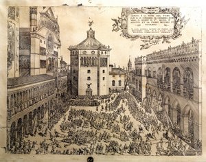 La fête du Taureau sur la grande place de Crémone en Italie. Gravure du XVIe siècle. Crémone, Museo Civico Italie - Italian School