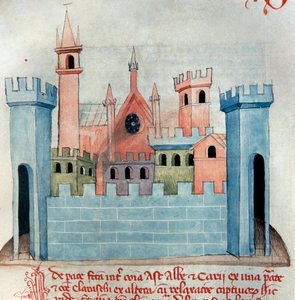 La ville de Cherasco (Querasque) dans la province de Coni en Piémont en Italie. Église et muraille et tour de fortification de la ville médiévale. Page du Codex Astensis ou Malabayla. Miniature du 13ème siècle. Asti, Archivio Storico Comunale - Italian School