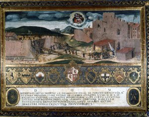 Les habitants de Sienne détruisent la forteresse construite par les Espagnols de Charles V. 1552. - Italian School