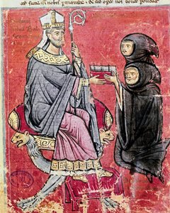 Le moine Benedetto da Bari remettant son codex De Septem Sigillis à l