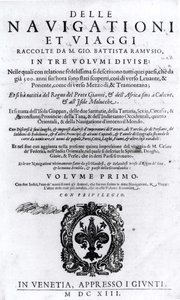 Page de titre du volume I de Delle Navigationi et Viaggi par Giovanni Ramusio, publié en 1613