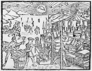 Commerce en Scandinavie, illustration de Historia de Gentibus Septentrionalibus par Olaus Magnus (1490-1558), publié à Rome, 1555