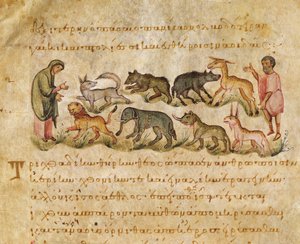 Traité sur les nombreuses espèces animales qui habitent la terre, illustration du Cynegetica par Oppian - Italian School