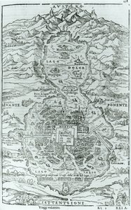 Vue du nord de la ville aztèque de Tenochtitlan, de Relatione della Citta del Temistitan par Giovanni Battista Ramusio, publié à Venise en 1606 - Italian School
