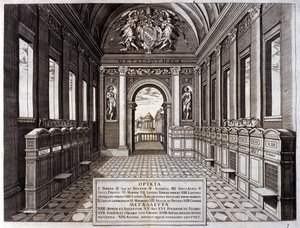 Vue du musée de Michele Mercati (1541-1595), intendant des jardins botaniques du Vatican. Gravure de « Metallotheca... » Rome 1717 - 1719 - Italian School