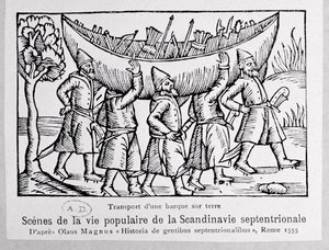 Les Vikings transportant un bateau en Russie, illustration de Historia de Gentibus Septentrionalibus par Olaus Magnus (1490-1558), publié à Rome, 1555 - Italian School