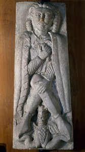 Guerrier accroupi avec dragon, bas-relief en pierre, Italie - Italian School