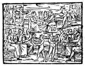 Sorcières et sorciers festoyant au Sabbat, illustration du Compendium Maleficarum par Francesco Maria Guazzo, 1608