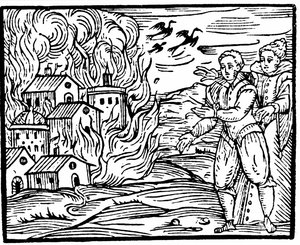 Sorcières détruisant une maison par le feu, Souabe en 1533, illustration du Compendium Maleficarum par Francesco Maria Guazzo, 1608 - Italian School
