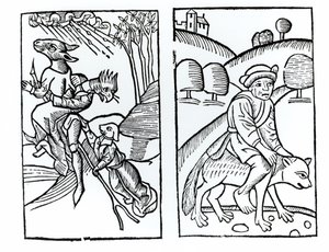 Sorcières déguisées en animaux chevauchant un balai (à gauche) et sorcier chevauchant un loup (à droite), copies d