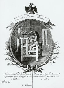Ouvrier au métier à tisser, Image publicitaire de Stanislaus Bosisio Torinese, fabricant de chaussettes, pantalons, gants et toutes sortes de tricots en soie et coton, gravure, Italie - Italian School