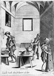 Travail du lait (produit laitier) dans un endroit frais. Gravure de « Opera », livre de gastronomie divisé en 6 parties, par Bartolomeo Scappi, cuisinier personnel du pape Pie V. Venise - Italian School