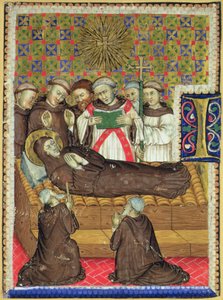 Initiale historiée B représentant un saint franciscain sur son lit de mort - Italian School Italian School
