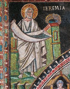 Prophète Jérémie, mosaïque, à gauche de la lunette, mur nord du presbytère, Basilique de San Vitale - Italian School