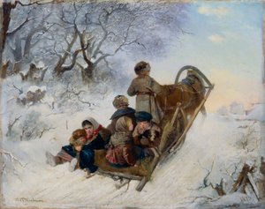 Enfants sur un traîneau tiré par des chevaux, 1870