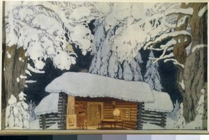 Maison de bois dans la forêt enneigée. Décor pour la pièce de théâtre "Le commandant Souvorov". - Ivan Yakovlevich Bilibin