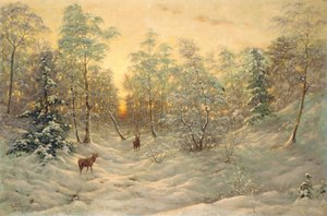 Cerfs dans un paysage enneigé au crépuscule