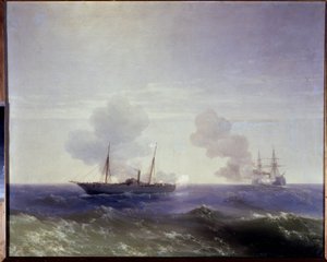 Guerre russo-turque de 1877-1878 : la bataille navale entre le croiseur russe Vesta et le cuirassé turque Fethi Bulend dans la Mer Noire, le 11 juillet 1877 - Ivan Konstantinovich Aivazovsky