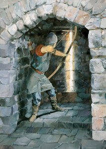 Archer médiéval tirant à travers une meurtrière au château de Beeston, Cheshire