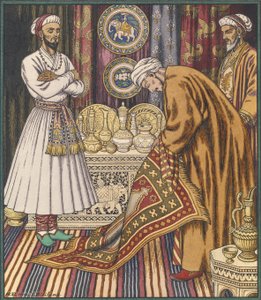 Le prince Ali achetant un tapis. Illustration pour Contes de fées arabes