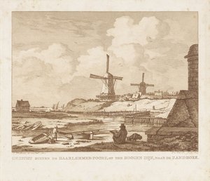 Vue hors de la Haarlemmerpoort à Amsterdam avec un dessinateur assis - Izaak Jansz. de Wit