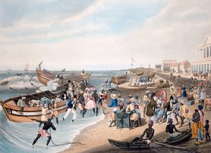 Débarquement à Madras, gravé par C. Hunt, publié par Ackermann et Co., 1856