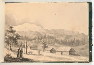 Paysage de montagne avec des gens et des maisons
