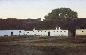 Une cour à Vendsyssel. Coucher de soleil