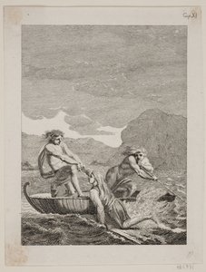 Le naufragé Niels Klim sauvé par deux Qvamites dans un bateau en osier - J.F. Clemens