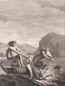 Le naufragé Niels Klim sauvé par deux Qvamiter dans un bateau en osier - J.F. Clemens