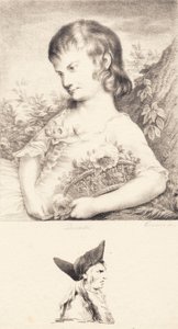 Une petite fille avec un panier de fleurs et un portrait d