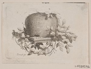 Une plaque portant une ruche, entourée de feuilles de rose