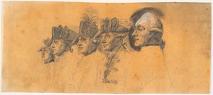 Préparation pour cinq des têtes de la gravure : Frédéric le Grand rentre chez lui après une revue à Potsdam - J.F. Clemens