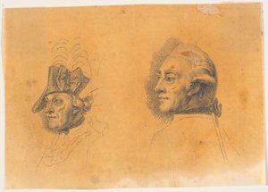 Préparation pour deux des têtes de la gravure : Frédéric le Grand rentrant après une revue à Potsdam - J.F. Clemens