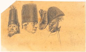 Préparation pour trois des têtes de la gravure : Frédéric le Grand rentre chez lui après une revue à Potsdam - J.F. Clemens