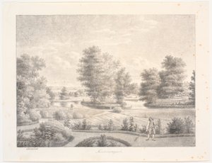 Le jardin de Sanderumgaard avec une île boisée. Au premier plan, un homme avec un râteau - J.F. Clemens