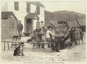 Volontaires écossais à la maison, après le dîner dans une ferme de moutons près du Spital de Glenshee