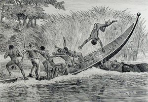 Hippopotame enragé renversant un bateau