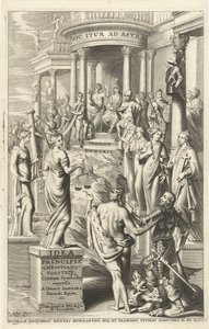 Hercule conduit un homme à travers les personnifications des vertus vers le temple de la gloire éternelle (Page de titre pour: Idea principis christiano-politica, Centum Symbolis expressa, Bruxelles 1649) - J. Danoot