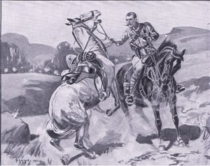 Le major Brown, 14e Hussards, tenant le cheval du lieutenant Brown sous un feu nourri, illustration de Après Pretoria : La Guerre de guérilla