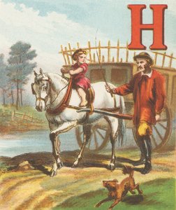 H : H est le cheval, si élégant et si fort ; Il tire la charrette de foin vers le pré