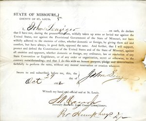 Serment de loyauté de John Leuziger du Missouri, Comté de St. Louis - J. Leuziger