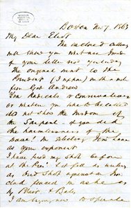 Lettre signée J.M.F. [J.M. Forbes], Boston, à Eliot [William G. Eliot], 7 novembre 1863 - J. M. Forbes