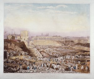 Vue des travaux de construction au quai St Katherine, Stepney, Londres, janvier 1828 - J Phelps