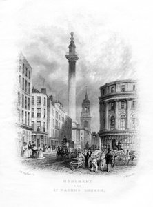 Monument et église de St Magnus le Martyr, Londres, 19ème siècle - J. Woods